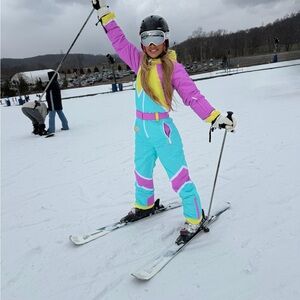 Colorful Ski Suit with Pink and Blue Accents